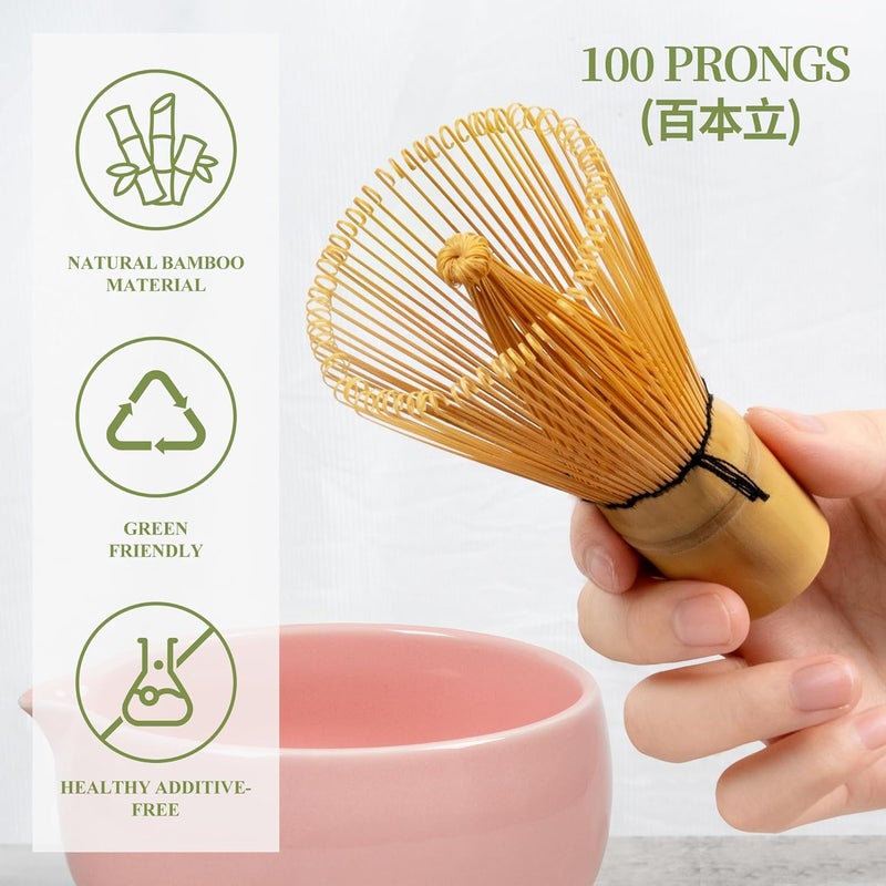 YIBO Matcha Whisk Set Pink, Handcrafted Bamboo Chasen & Ceramic Bowl Matcha Kit, Holder, Stainless Steel Sifter, Scoop Measuring Spoon & Cup Tools for Matcha Tea Ceremony - Image 2
